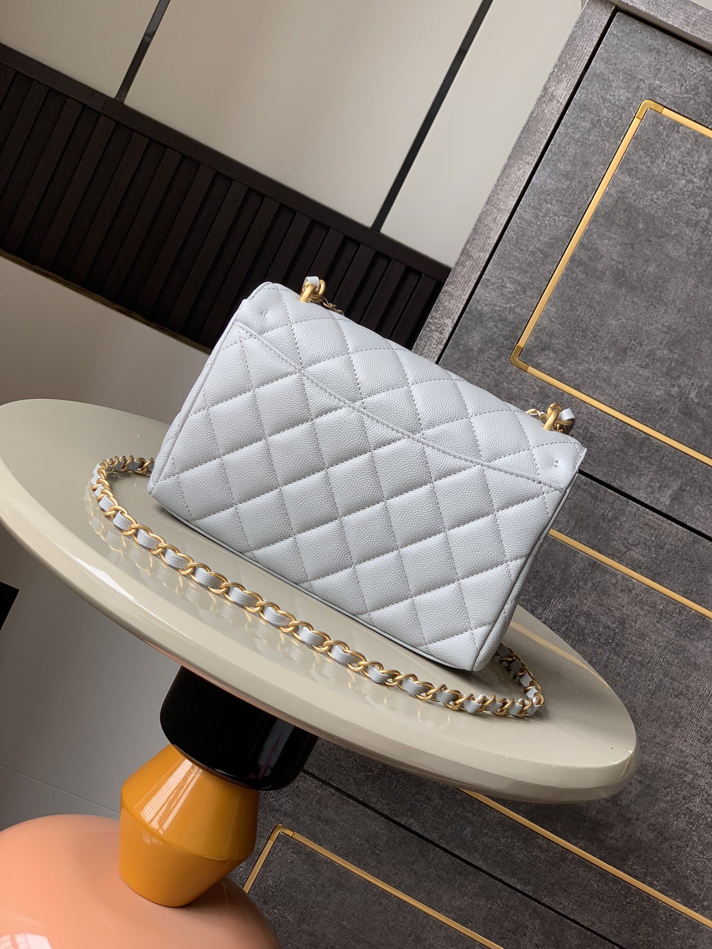 OHANEL 25P Double Chain Caviar Square Bag - Light Grey, 22cm 4 i1741691944 7442 2
