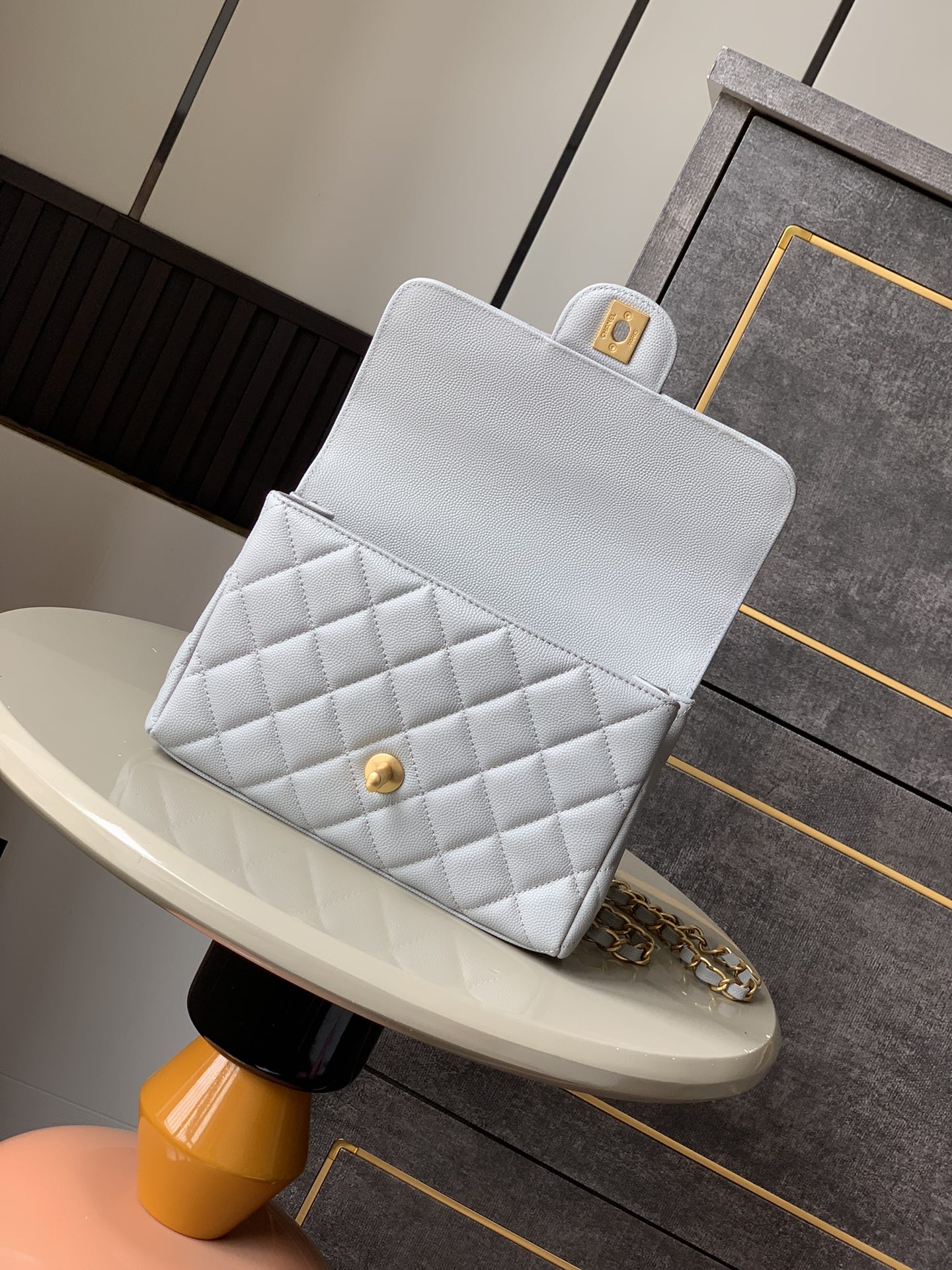 OHANEL 25P Double Chain Caviar Square Bag - Light Grey, 22cm 6 i1741691945 7071 7