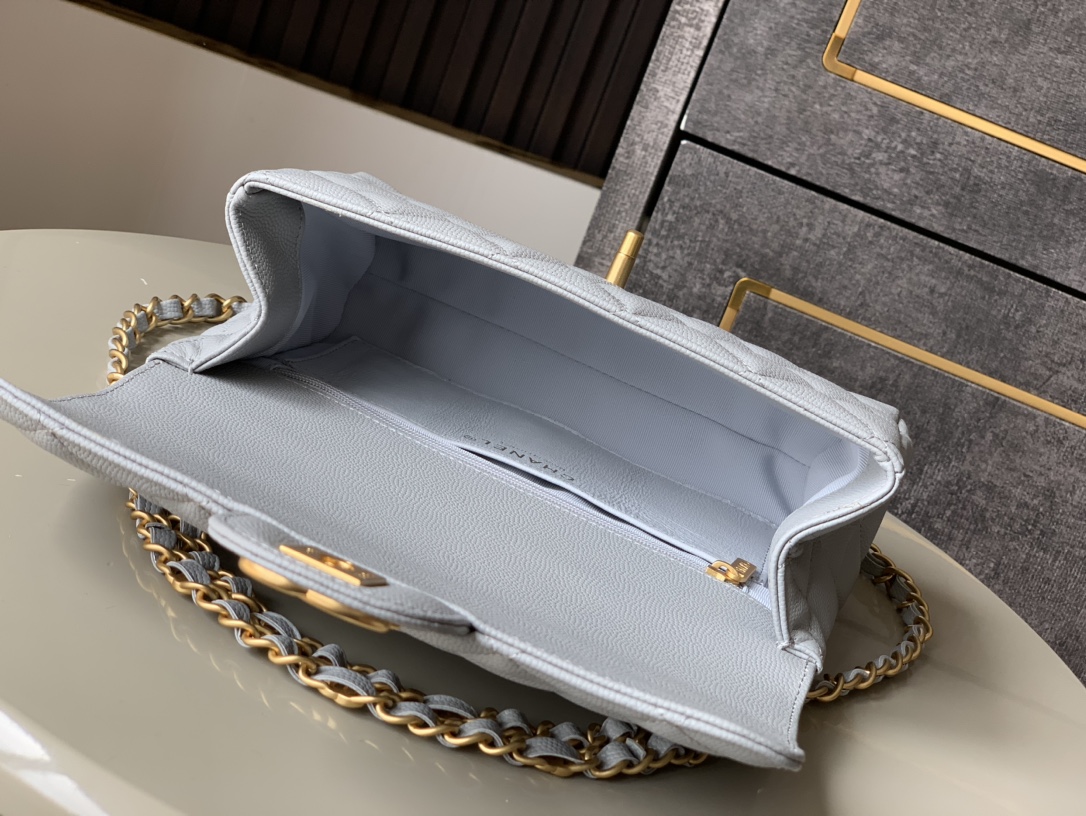 OHANEL 25P Double Chain Caviar Square Bag - Light Grey, 22cm 8 i1741691945 7127 8
