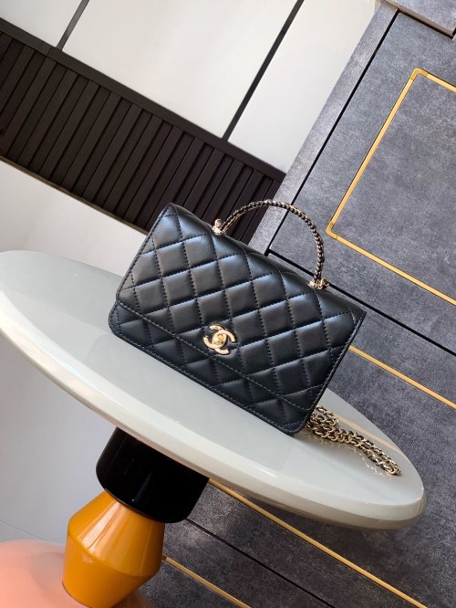 Elegant Quilted Leather Wallet on Chain with Crystal Handle 1 Elegant Quilted Leather Wallet on Chain with Crystal Handle