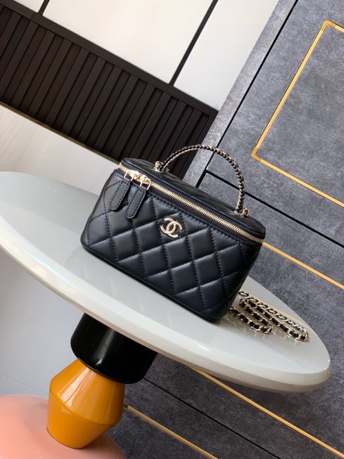 CHANEL 25P Black Quilted Leather Pearl Embellished Top Handle Vanity Bag 1 CHANEL 25P Black Quilted Leather Pearl Embellished Top Handle Vanity Bag