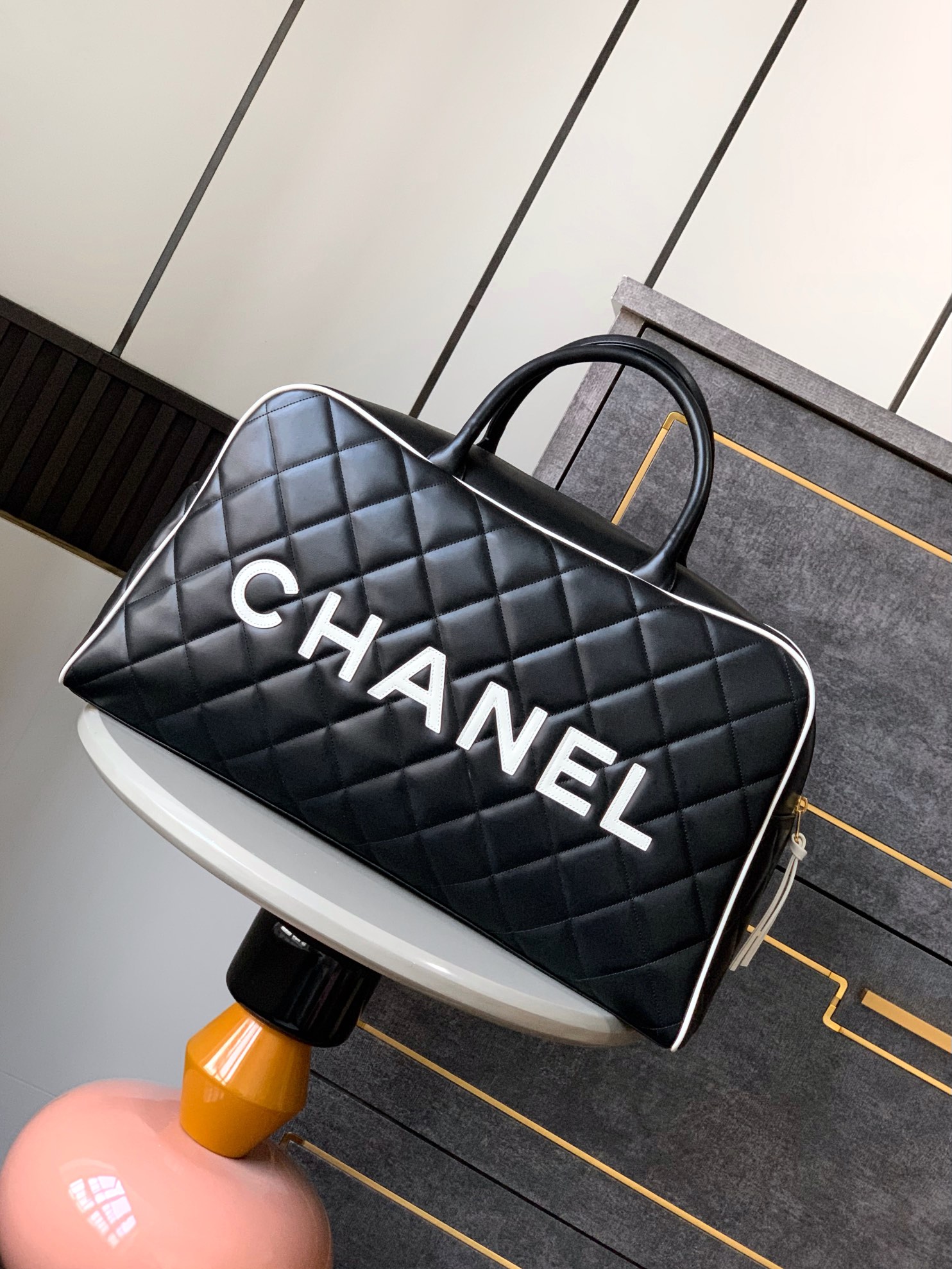 CHANEL Vintage XL Boston Bowling Bag, Black/White, Lambskin Leather 3 i1742626968 8766 4