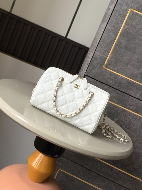 Chanel White Caviar Leather Bowling Bag with Chain - Crossbody & Handbag 1 Chanel White Caviar Leather Bowling Bag with Chain - Crossbody & Handbag