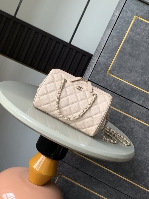 Chanel 25P Bowling Boston Bag Apricot Caviar Leather with Chain 1 Chanel 25P Bowling Boston Bag Apricot Caviar Leather with Chain