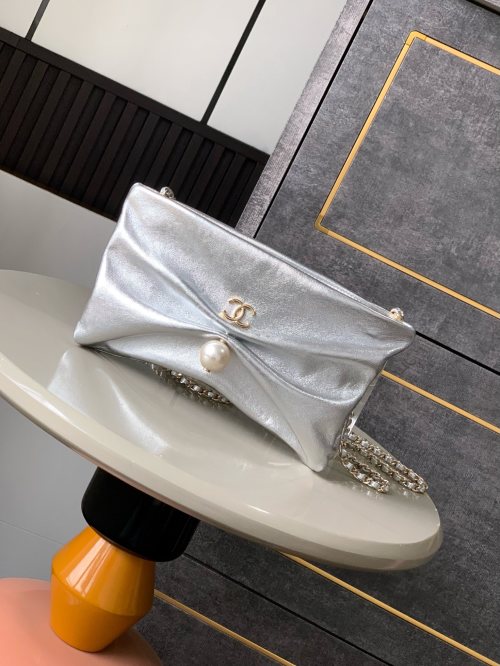 Chanel Silver Clutch with Chain, Pearl Detail - Elegant Handbag 1 Chanel Silver Clutch with Chain, Pearl Detail - Elegant Handbag