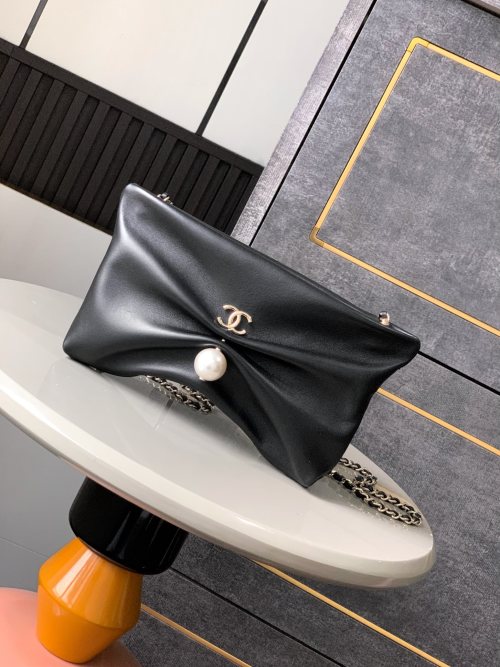 Chanel 25S Black Handbag with Pearl and Gold Chain - Compact & Chic 1 Chanel 25S Black Handbag with Pearl and Gold Chain - Compact & Chic