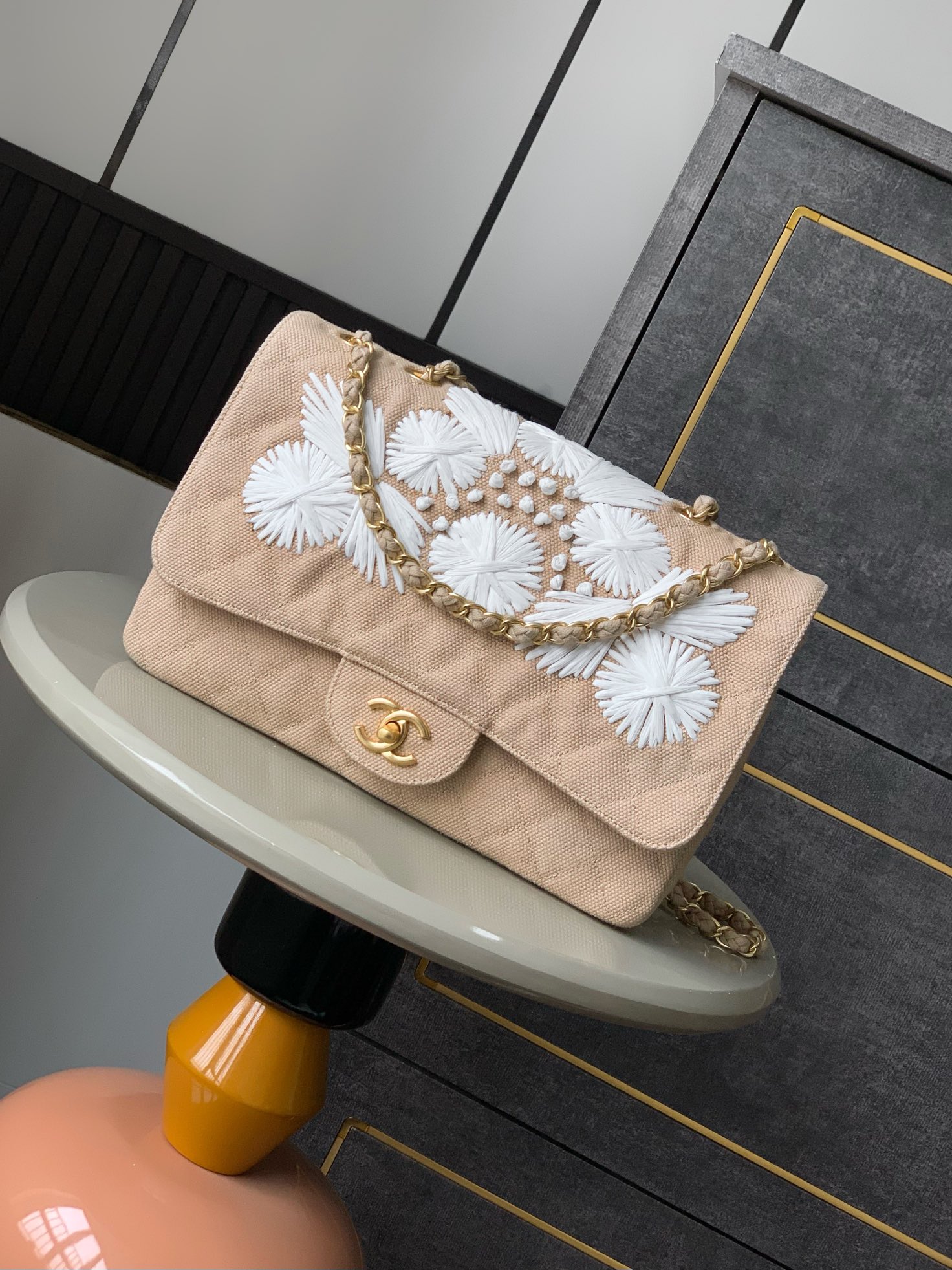 Chanel Vintage Jumbo Flap Bag, Linen and White Embroidered Design, 26cm