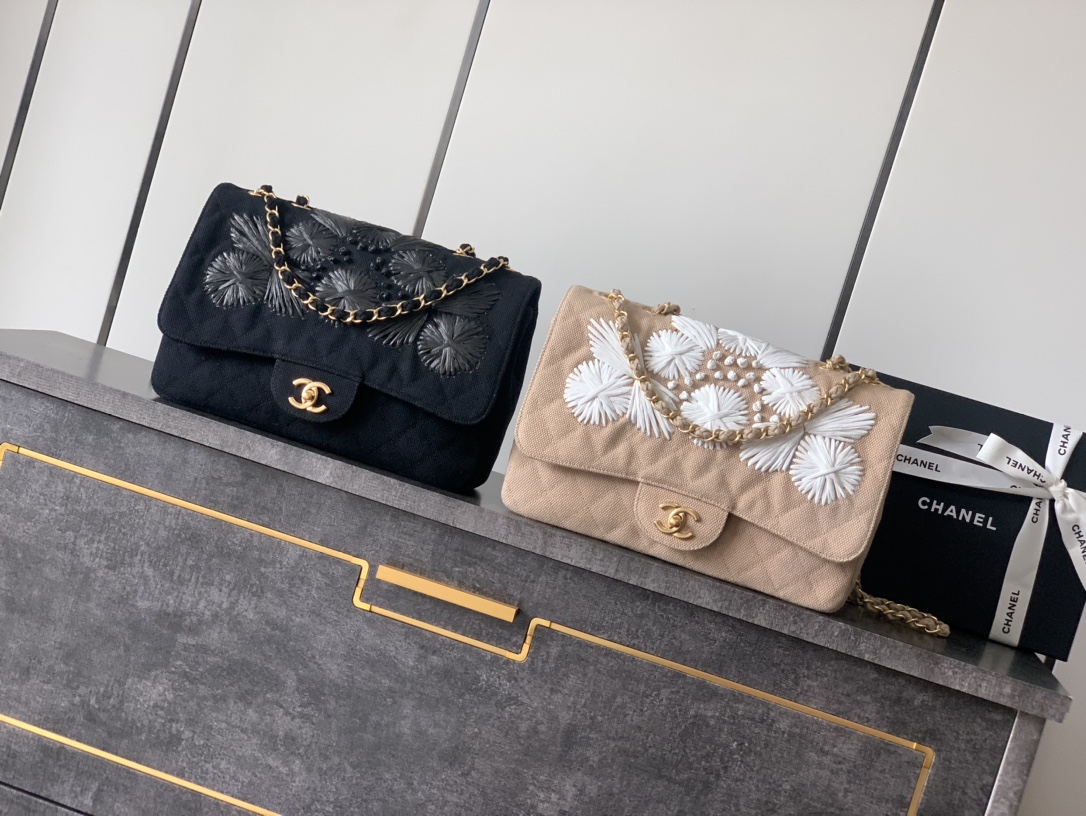 Chanel Vintage Jumbo Flap Bag with Linen Weave and Floral Embroidery