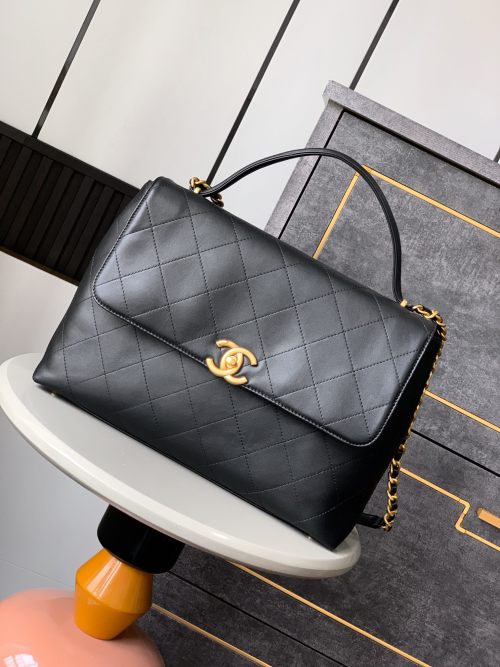 OHANEL 25S Black Gold Flap Bag, 37cm - Vintage Inspired, Perfect for Work 1 OHANEL 25S Black Gold Flap Bag, 37cm - Vintage Inspired, Perfect for Work