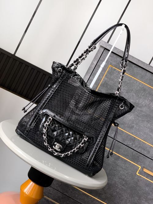 Chanel-Style Black Net Tote Bag with Removable Patent CF Pouch, 30x32x9 cm 1 Chanel-Style Black Net Tote Bag with Removable Patent CF Pouch, 30x32x9 cm