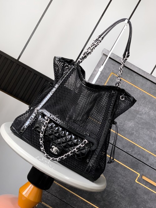 OHANEL Large Black Mesh Tote Bag with Removable CF Pouch - 36cm 1 OHANEL 2-in-1 Black Patent Leather & Mesh Tote Bag with CF Pouch