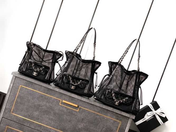 Chanel Inspired Black Net Tote Bag with Removable CF Pouch - 3 Sizes 1 Chanel Inspired Black Net Tote Bag with Removable CF Pouch - 3 Sizes