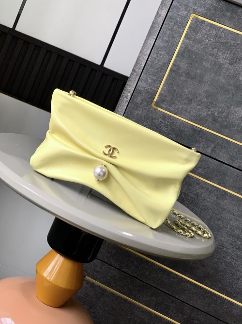 Chanel 25S Yellow Clutch with Pearl and Gold Chain Strap 1 Chanel 25S Yellow Clutch with Pearl and Gold Chain Strap