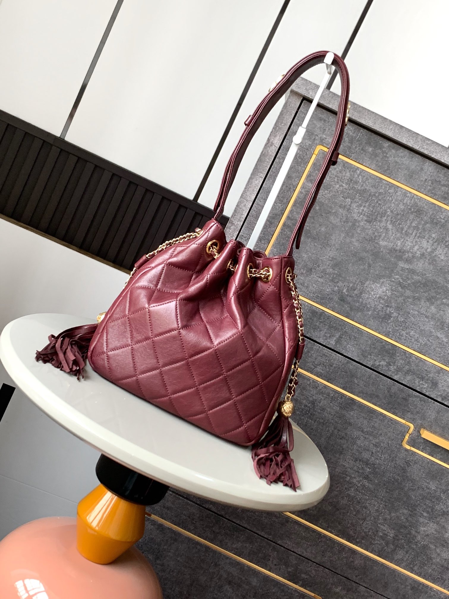 Chanel 25A Bucket Bag with Double Pendant - Wine Red Lambskin Leather