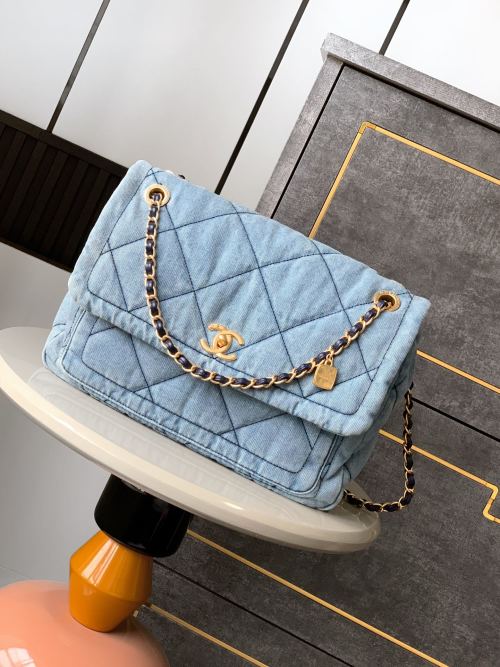 Chanel Denim Flap Bag with Chain, CC Logo, and Quilted Design, Blue 1 Chanel Denim Flap Bag with Chain, CC Logo, and Quilted Design, Blue