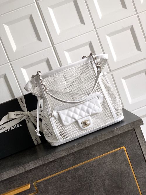 CHANEL White Mesh Net Bag with Removable CF Flap Bag, 26cm 1 CHANEL White Mesh Net Bag with Removable CF Flap Bag, 26cm