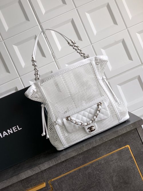 Chanel White Mesh Tote Bag with Detachable CF Leather Pouch 1 Chanel White Mesh Tote Bag with Detachable CF Leather Pouch