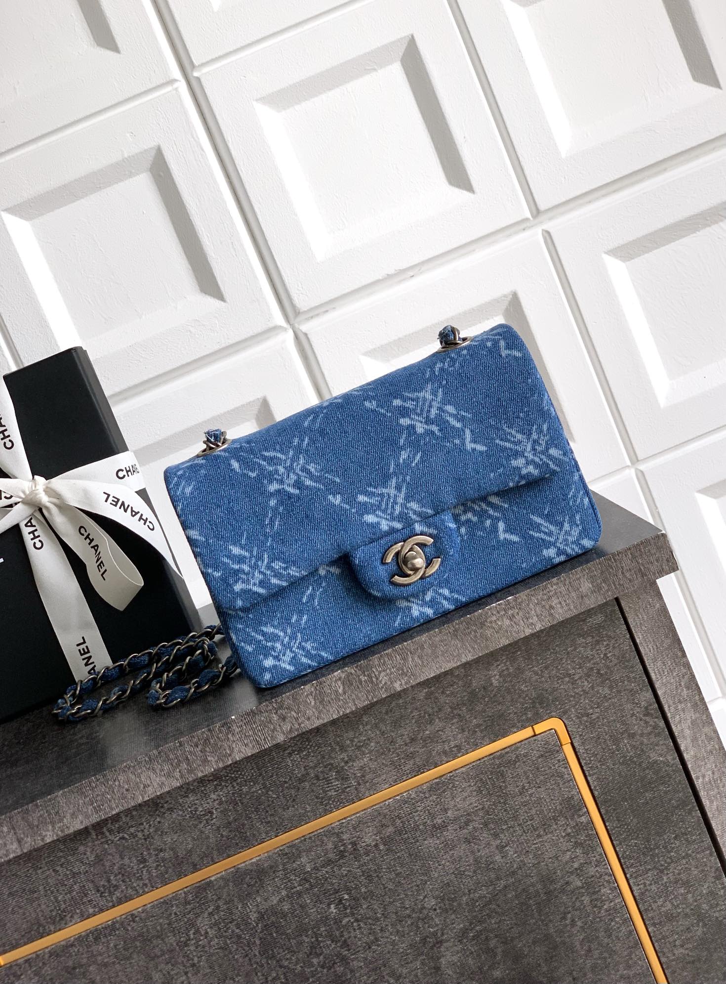 CHANEL Mini Blue Flap Bag Denim with Chain Graffiti, 20cm