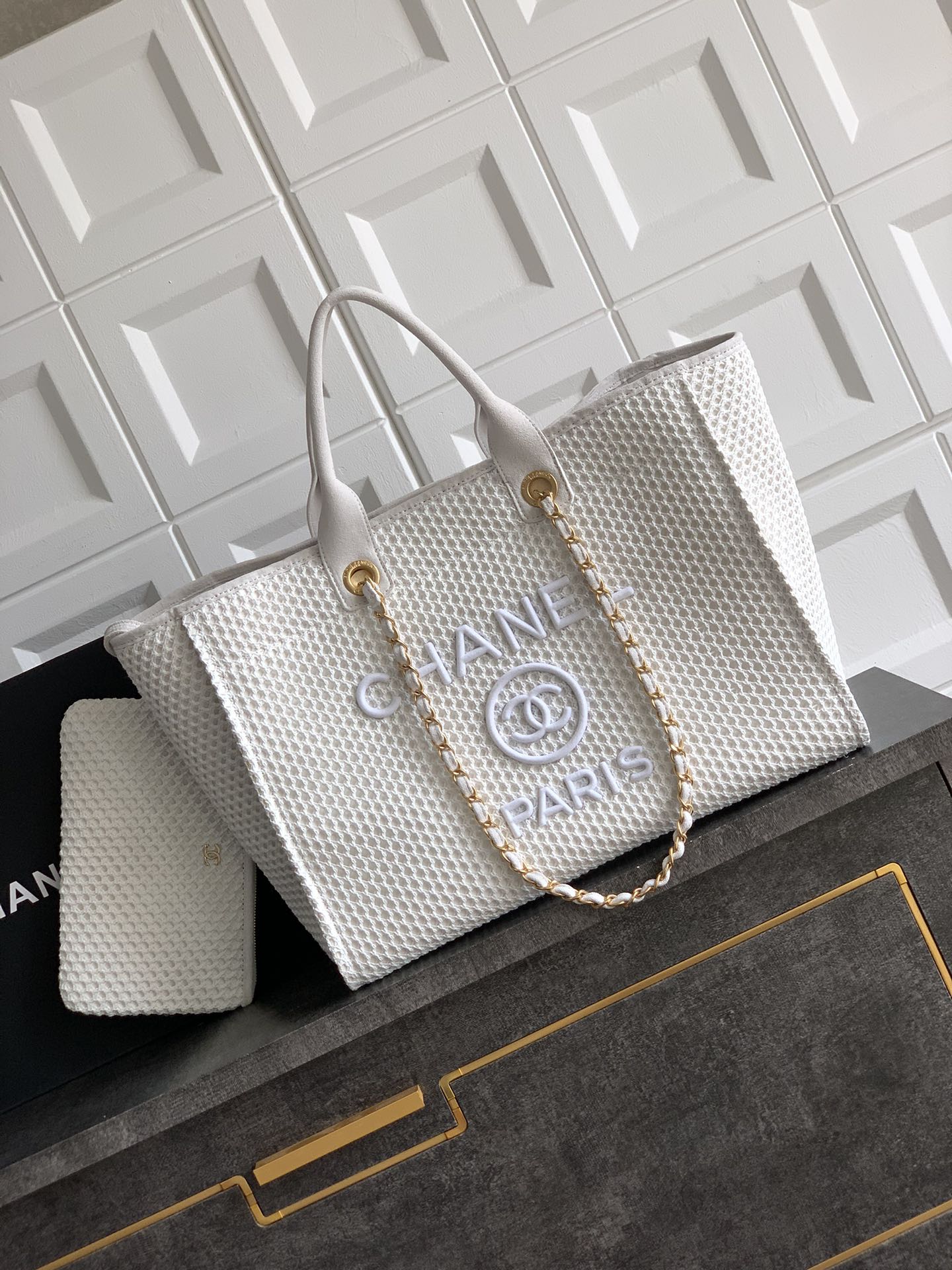 Chanel 26C White Woven Beach Tote Bag with Logo Embroidery & Chain
