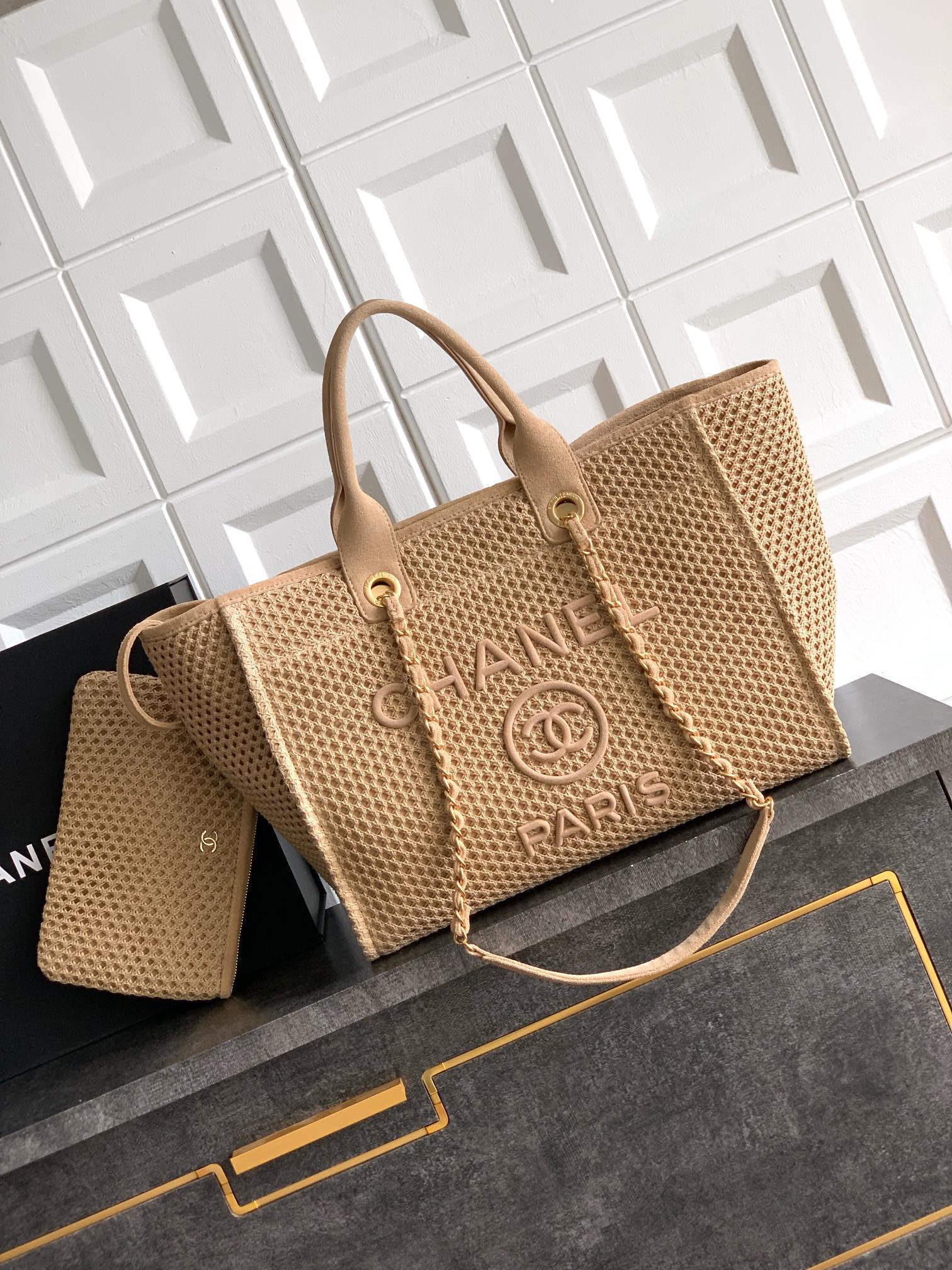 Chanel 26C Beige Woven Beach Bag Tote with Chain Strap and Pouch