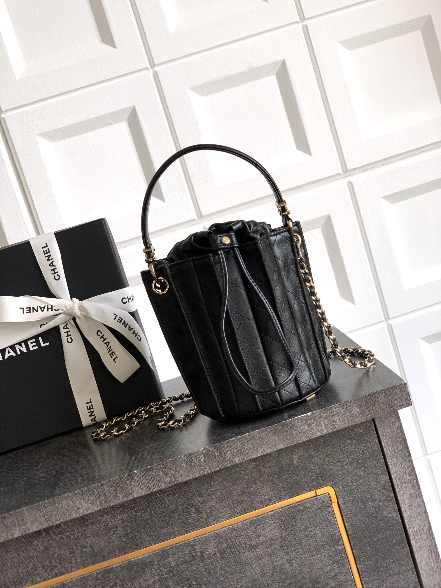 CHANEL Mini Bucket Bag, Lambskin & Gold Metal, Black, 15.2 x 14 x 14 cm