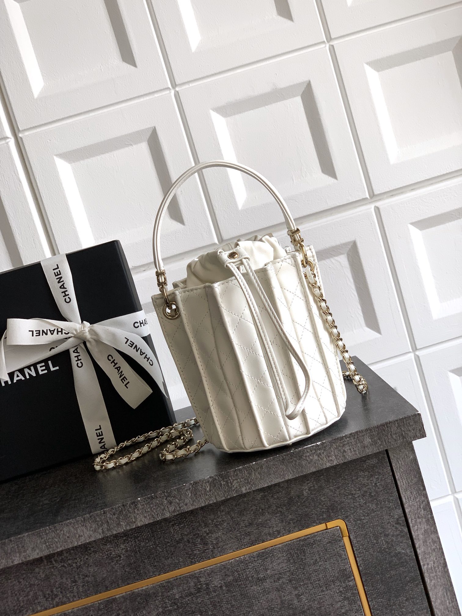 Chanel White Lambskin Mini Bucket Bag, Gold Hardware, 15.2x14x14 cm