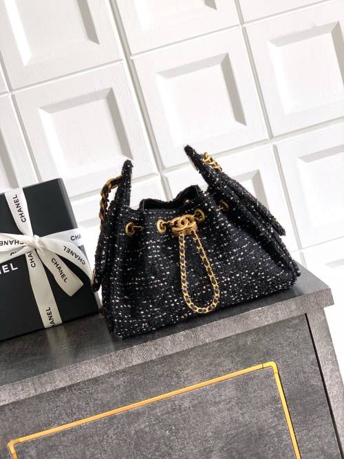 CHANEL Mini Black Tweed Hobo Bag with Gold Hardware - Spring/Summer 1 CHANEL Mini Black Tweed Hobo Bag with Gold Hardware - Spring/Summer