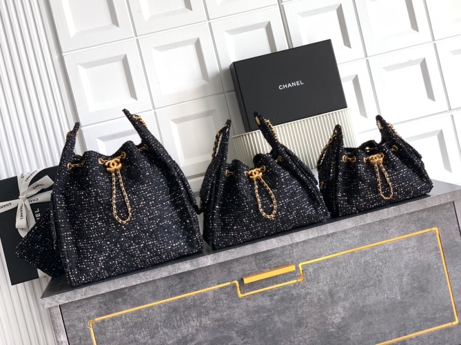 CHANEL Hobo Bag Black Tweed with Gold Chain, Three Sizes Available 1 CHANEL Hobo Bag Black Tweed with Gold Chain, Three Sizes Available