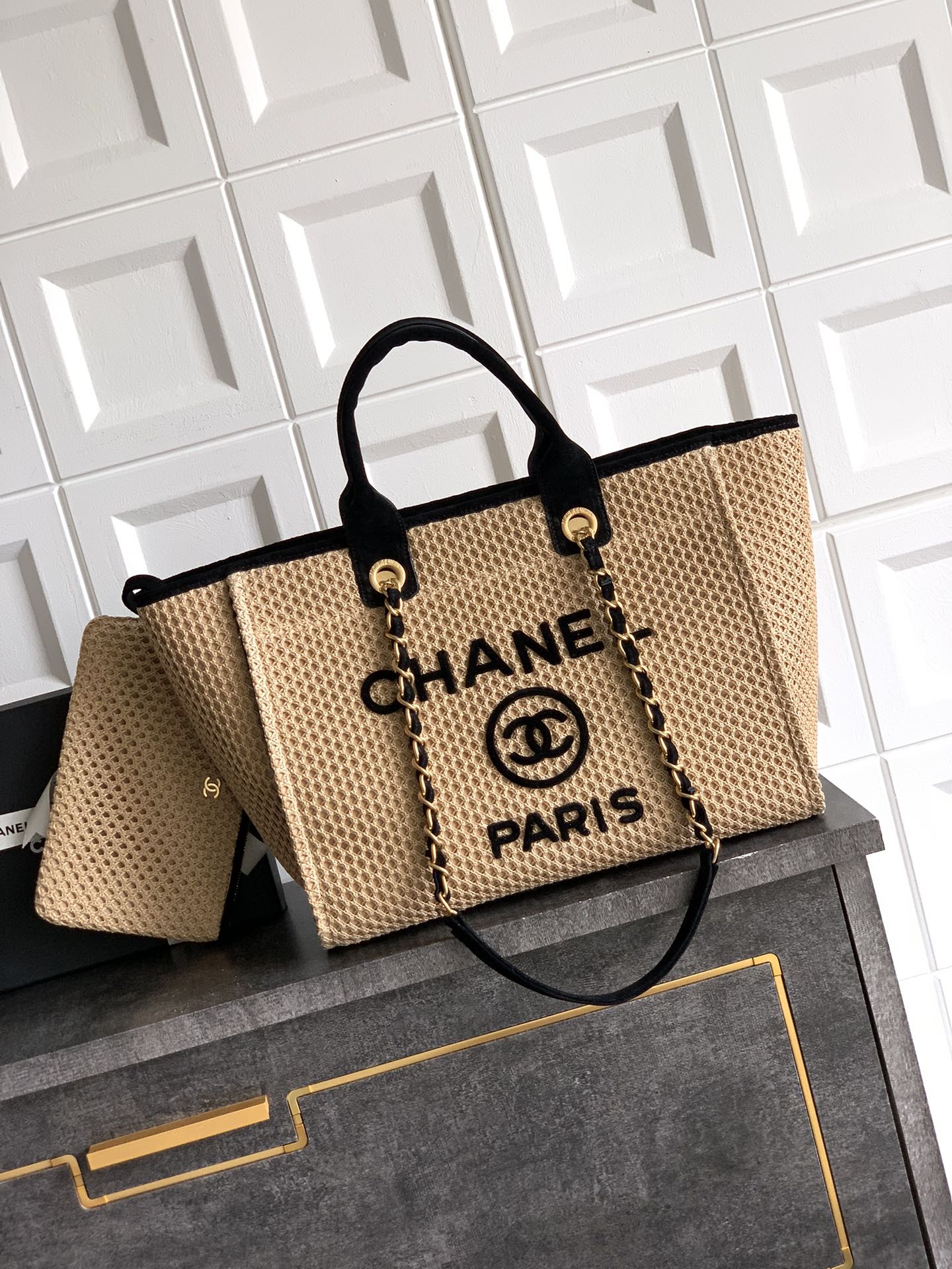 Chanel 26C Beige Woven Beach Bag with Black Trim and Chain Strap