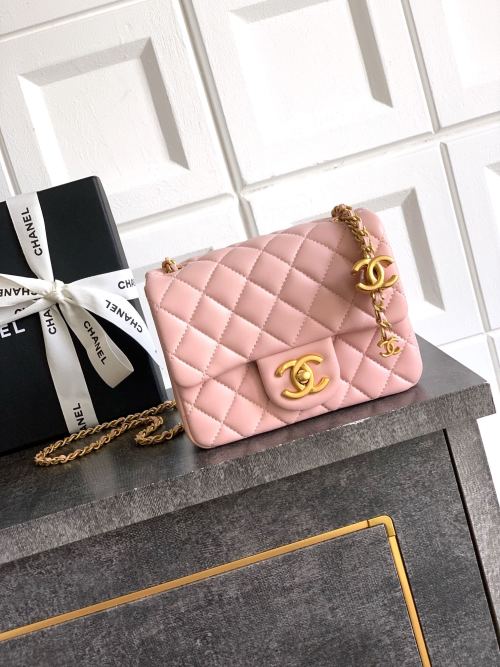 Chanel Square Mini Flap Bag, 18cm, Pink Leather, Gold Hardware, Chain Strap 1 Chanel Square Mini Flap Bag, 18cm, Pink Leather, Gold Hardware, Chain Strap