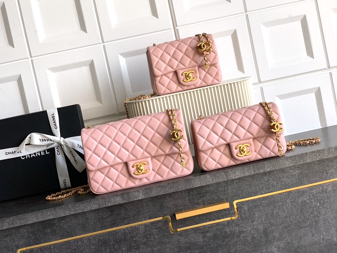 Chanel Classic Flap Bag Pink Lambskin Leather with Chain, Multiple Sizes