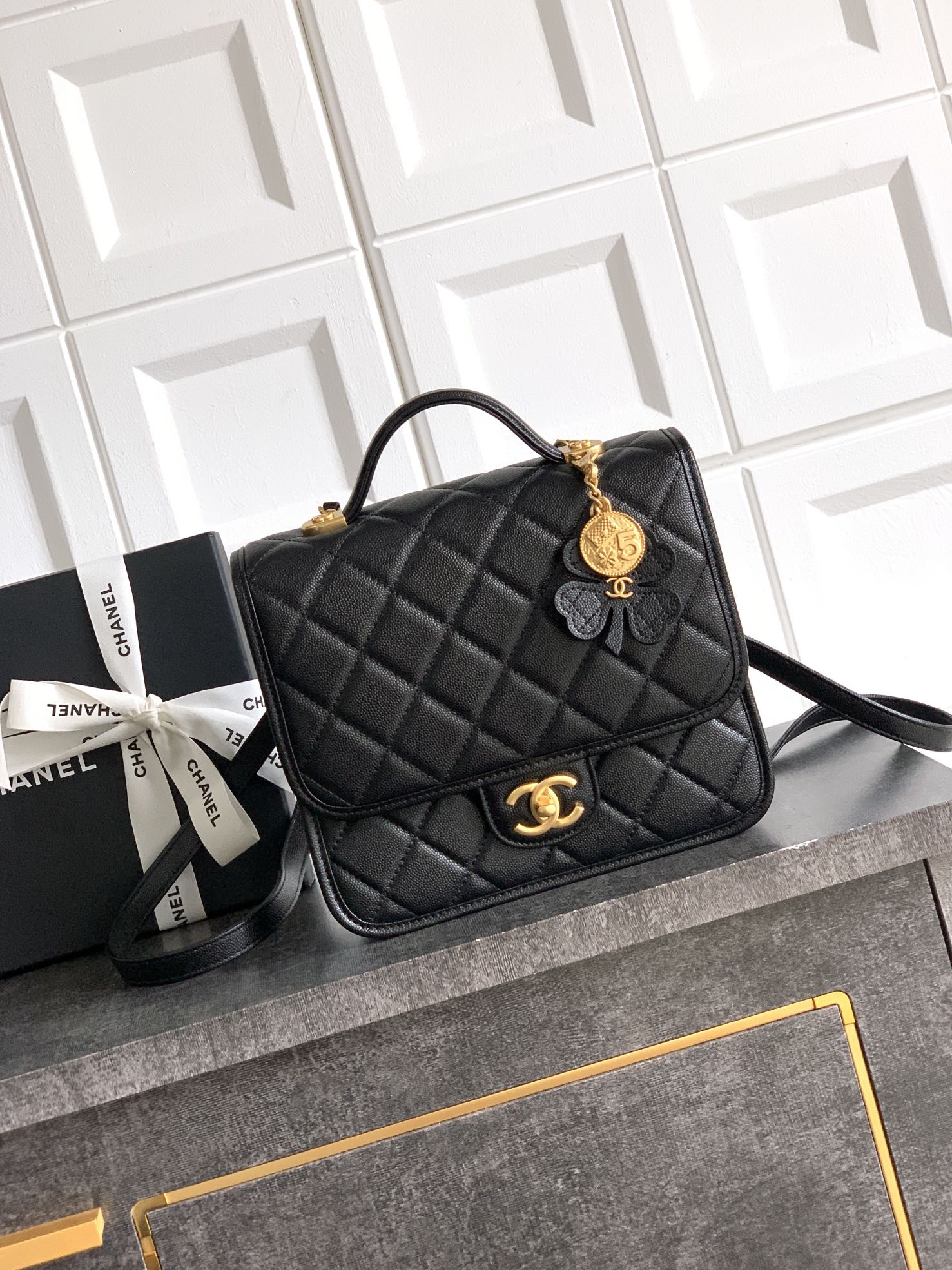 Chanel 25B Clover Series Backpack, Quilted Leather, Gold-Tone Metal, Black
