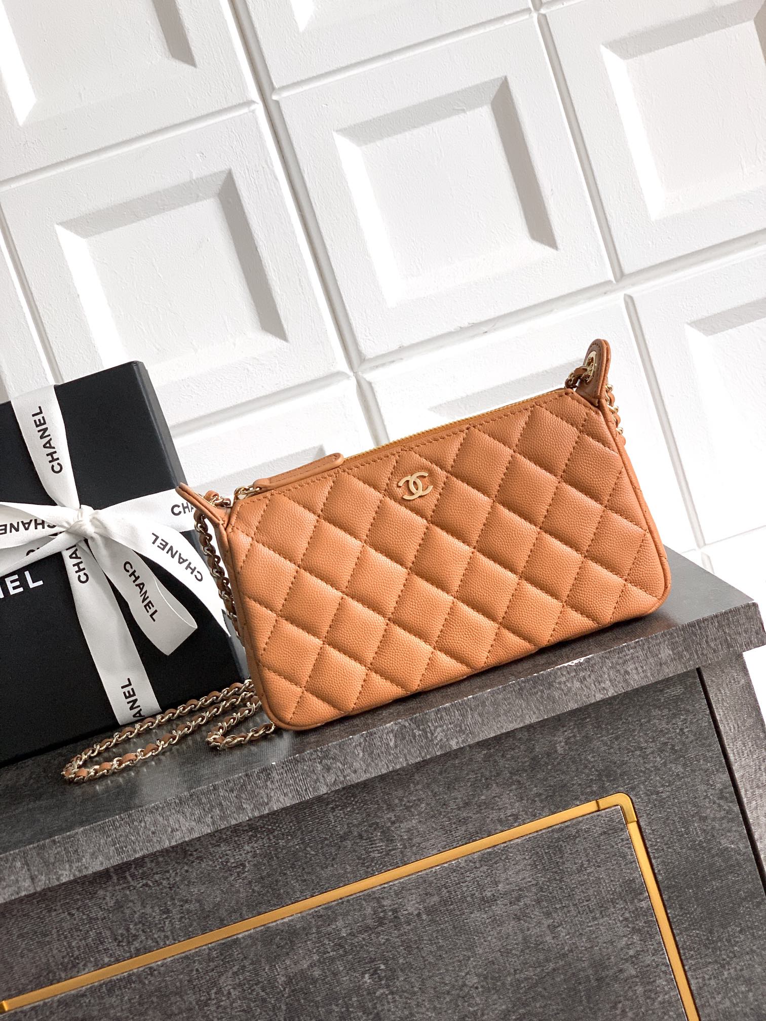 Chanel 25B Caramel Leather Crossbody Bag with Silver-Tone Hardware