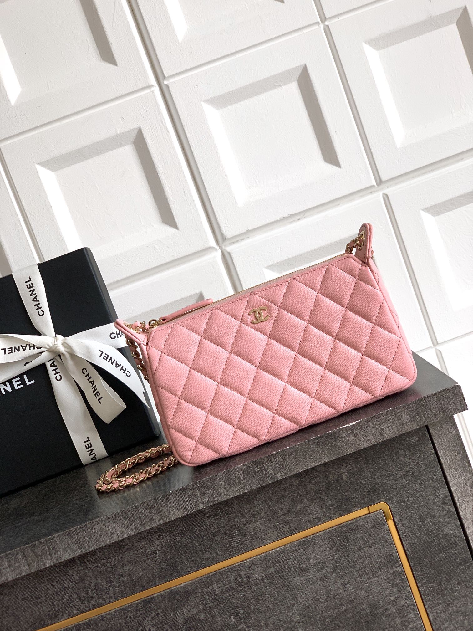 Chanel Pink Quilted Leather Clutch with Chain, Compact & Stylish