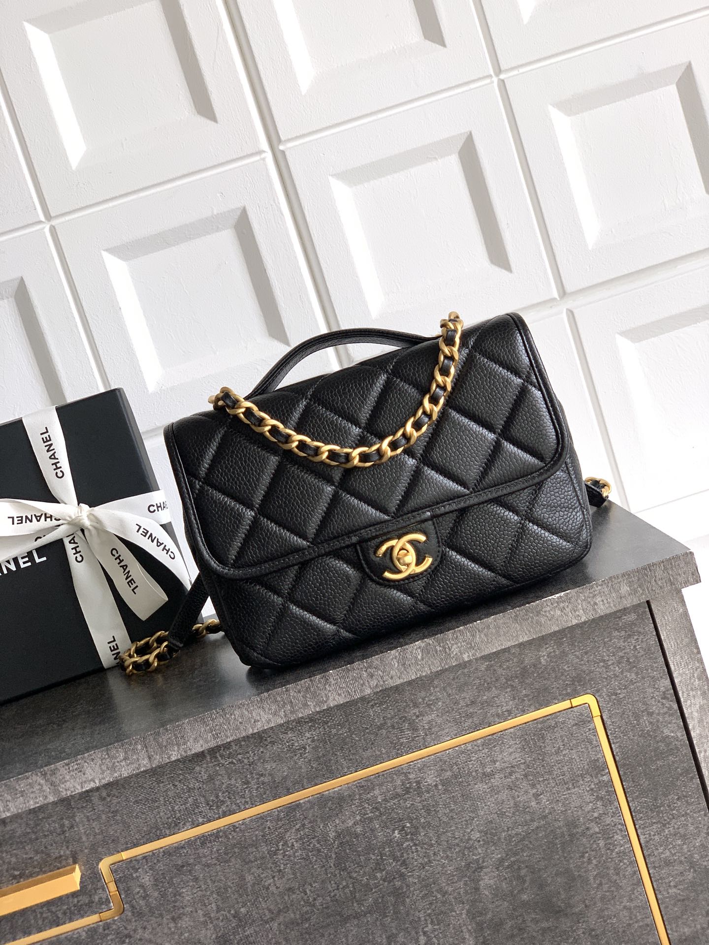 Ohanel 25A Black Quilted Backpack with Gold Hardware, Adjustable Straps