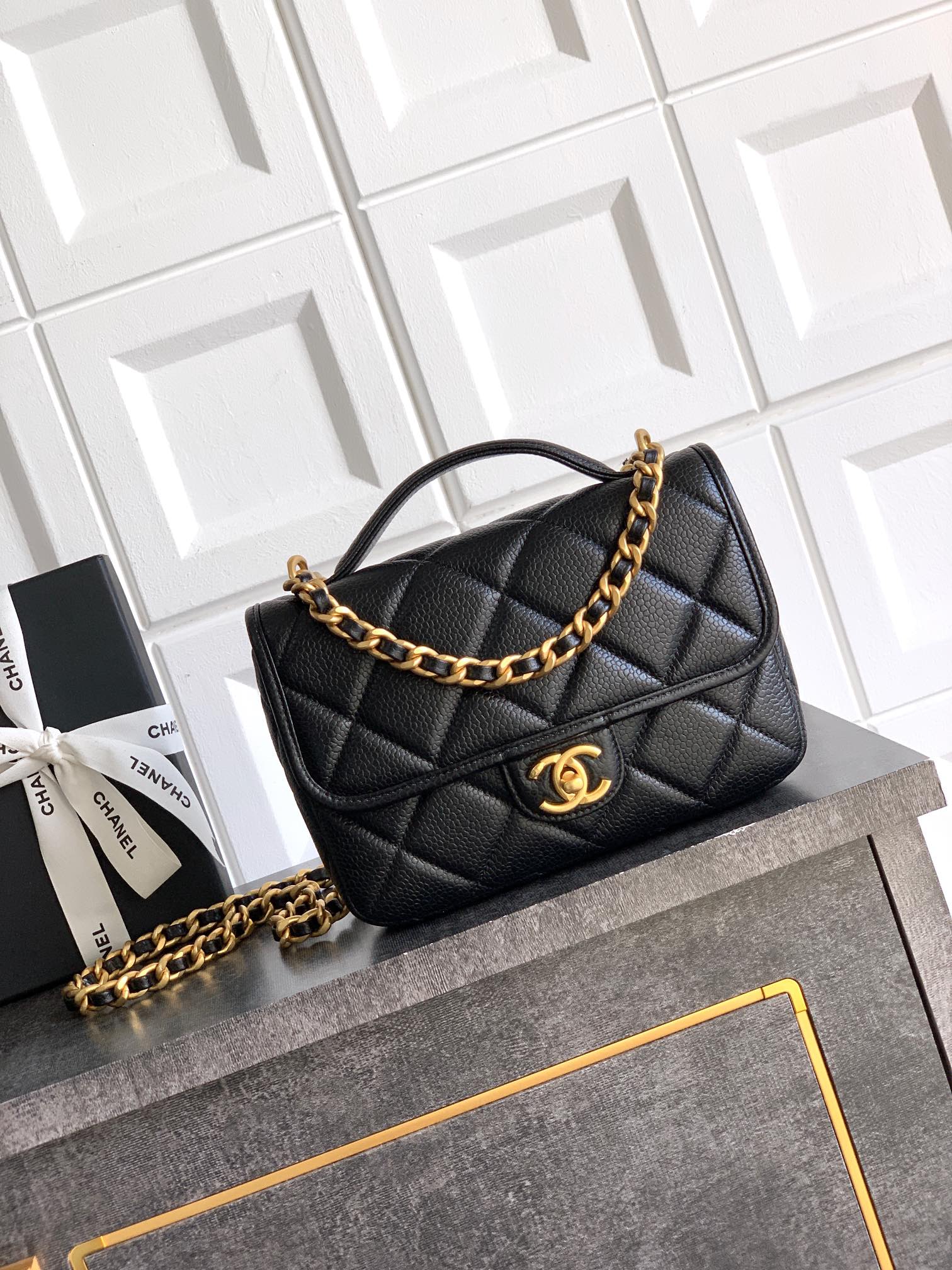 CHANEL 25A Black Leather Handle Flap Bag, Small Size - Top Quality