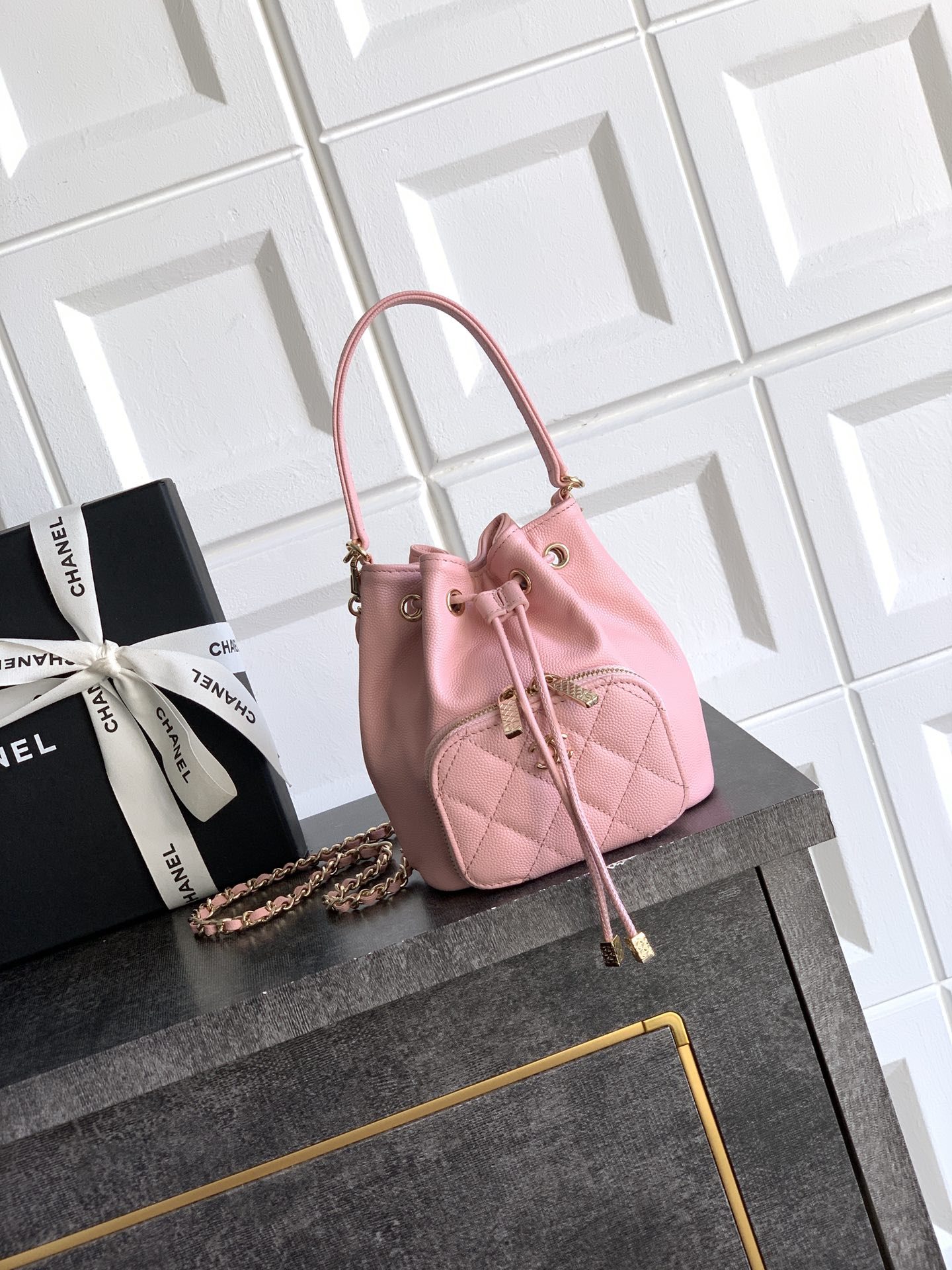 Chanel 25B Pink Leather Bucket Bag with Chain Strap and Diamond Quilted Pocket