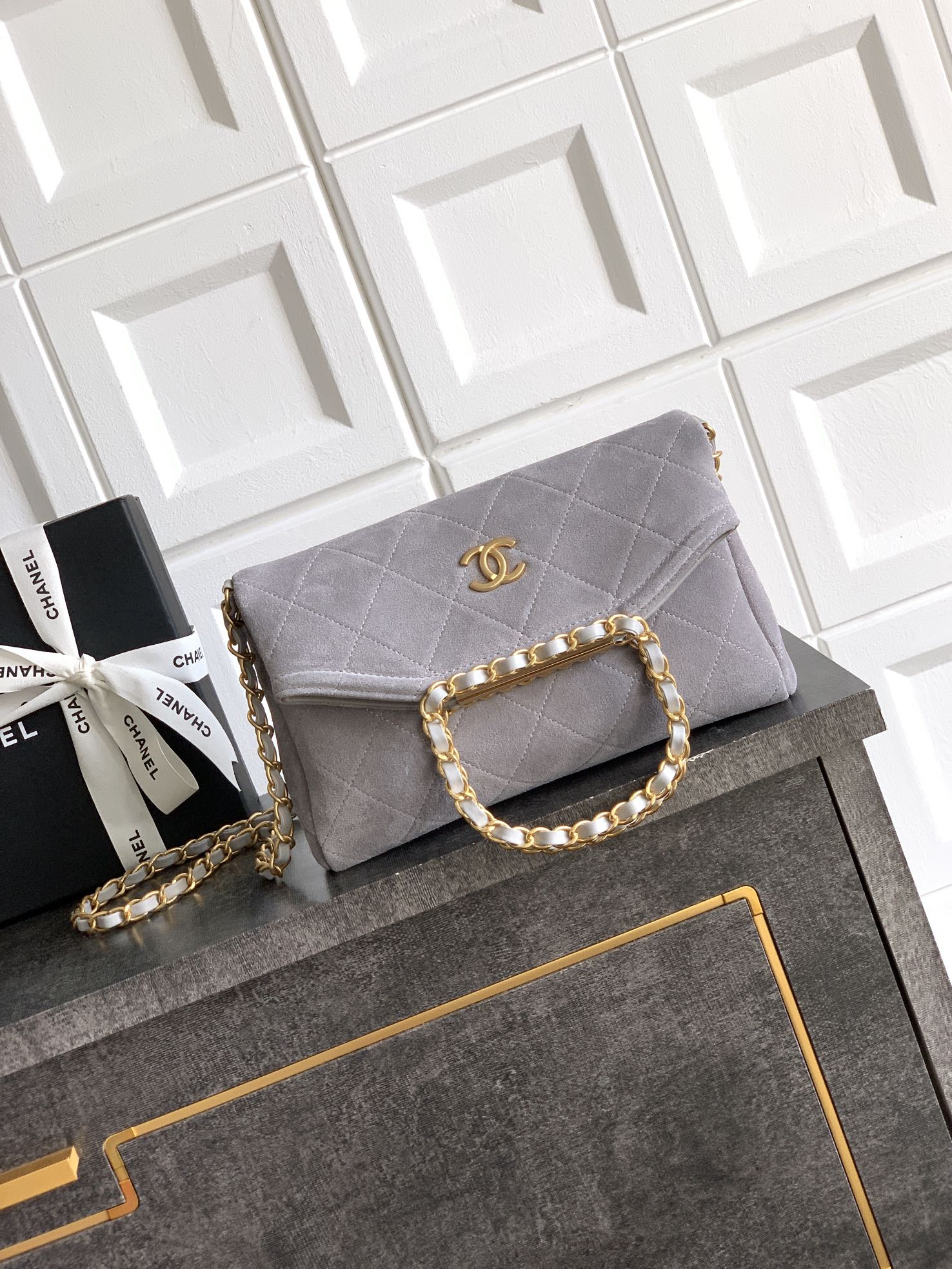 Chanel Flap Bag, Mini Grey Calfskin Leather with Gold-Tone Metal
