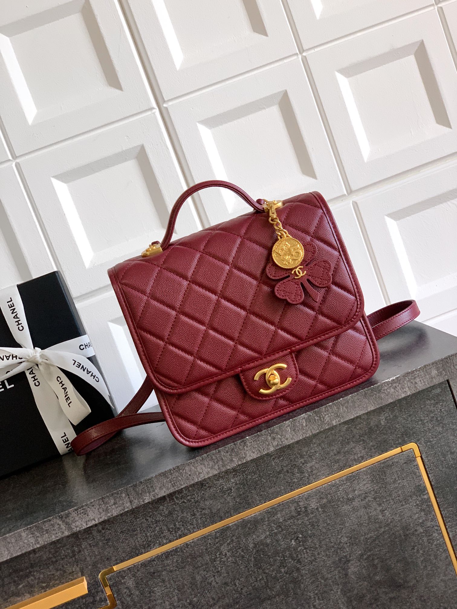 Chanel 25B Clover Backpack Quilted Burgundy Leather, 22x19.5x7cm