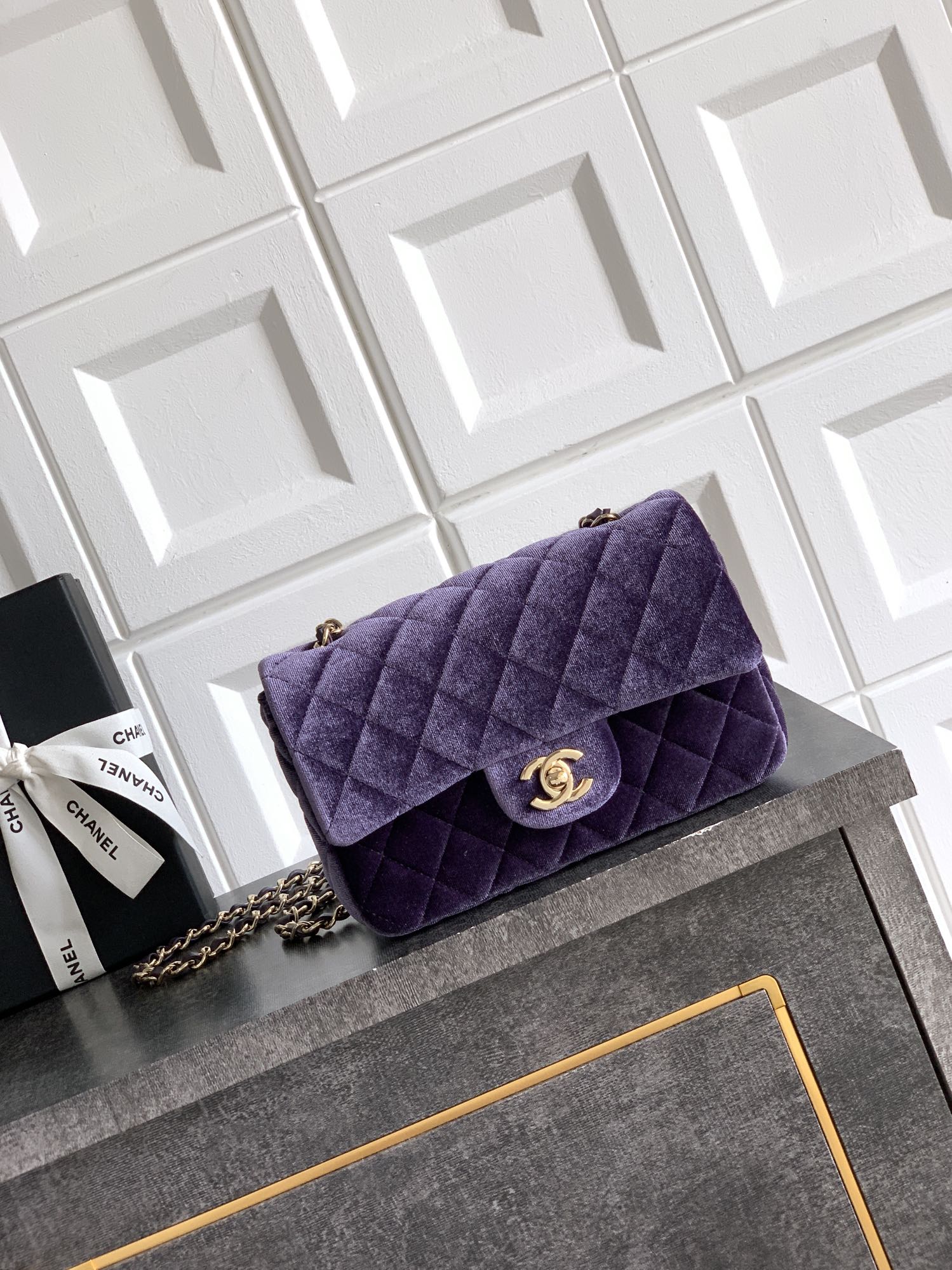 Chanel Mini Violet Velvet Flap Bag, Quilted Design, Gold-Tone Hardware, 20cm