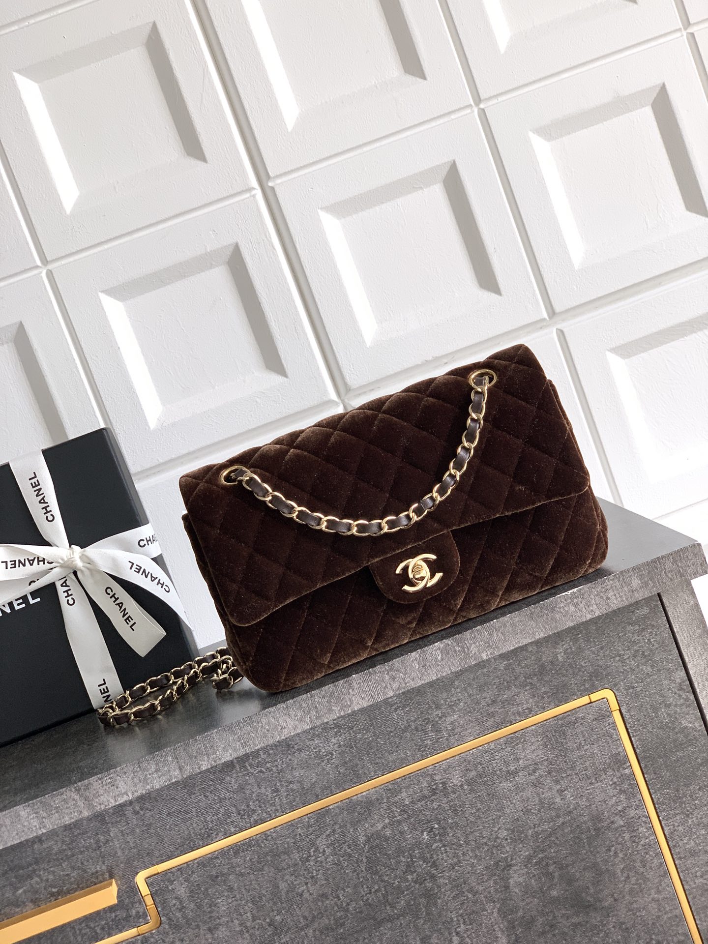 Chanel Velvet Flap Bag, Brown Quilted Design, Gold Chain, 25.5cm