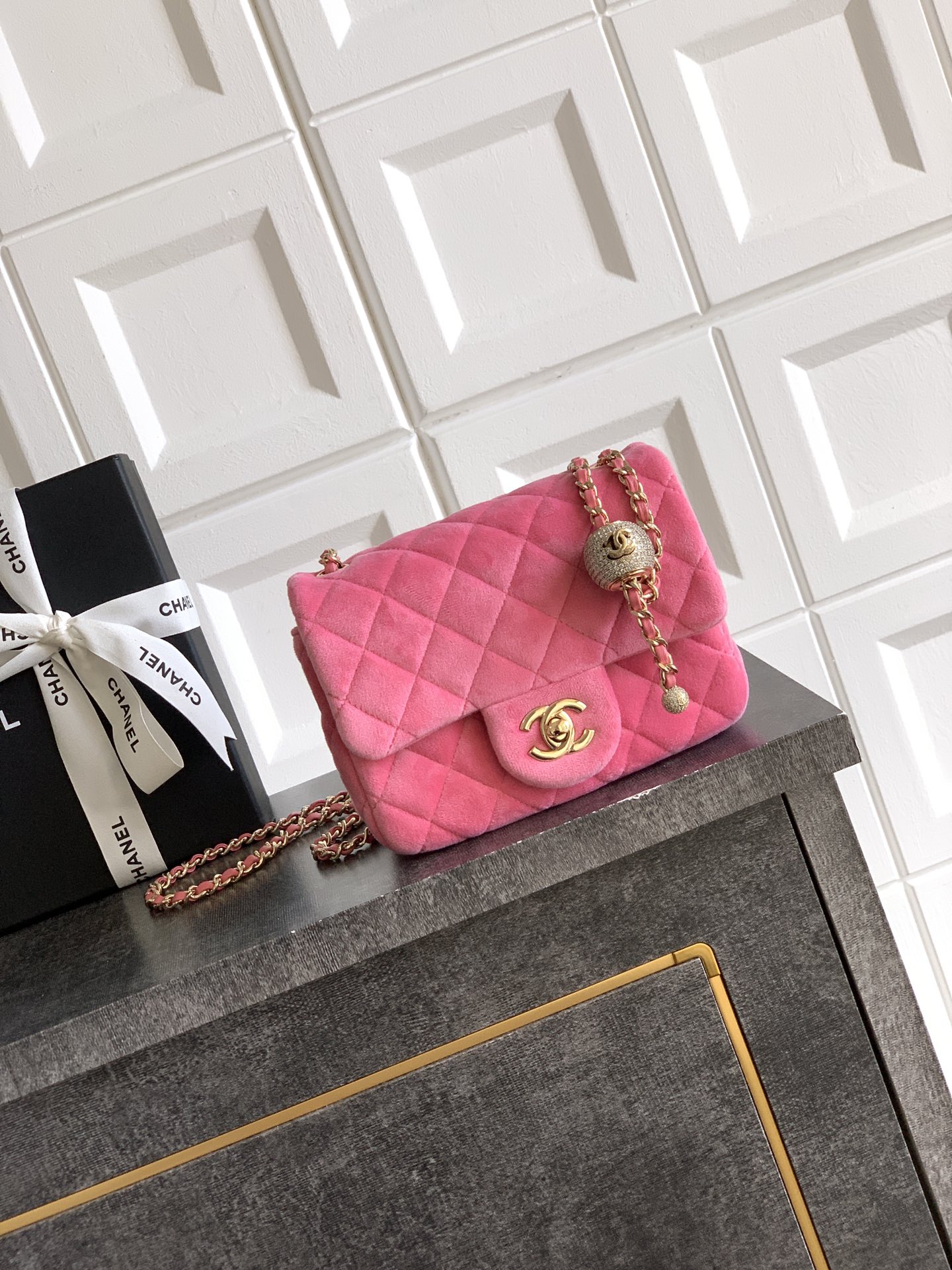 Chanel 25B Pink Velvet Small Diamond Ball CF Flap Bag