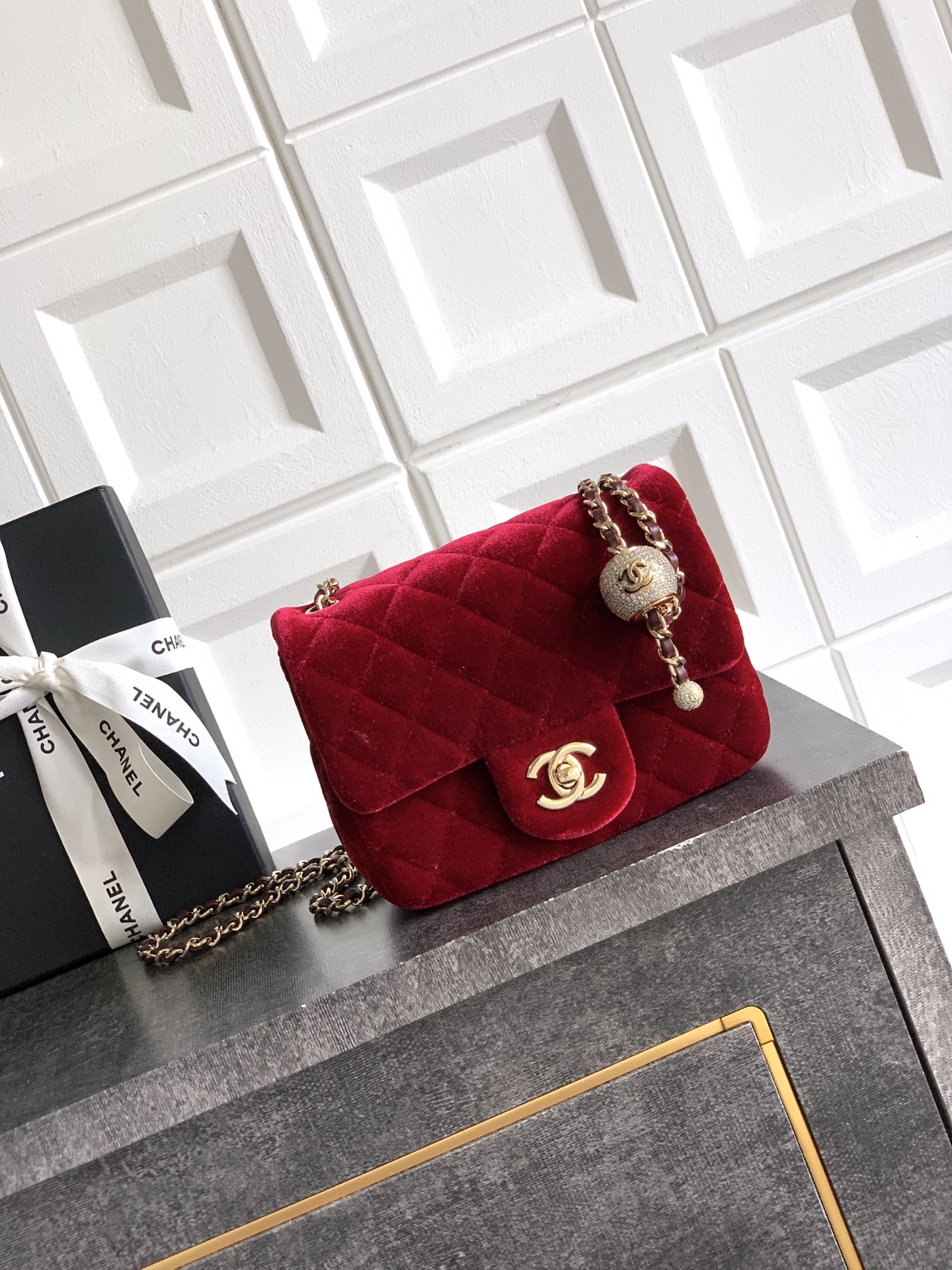OHANEL 25B Velvet Flap Bag with Diamante Ball - Chic & Elegant