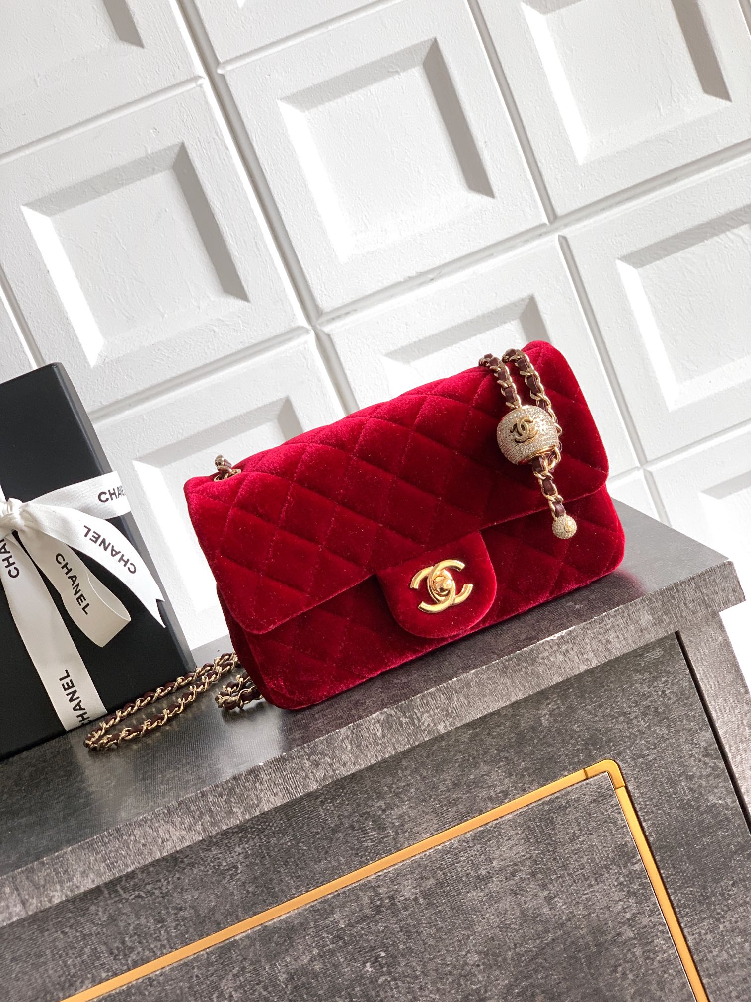 Chanel 25B Velvet Flap Bag with Crystal Ball - Red