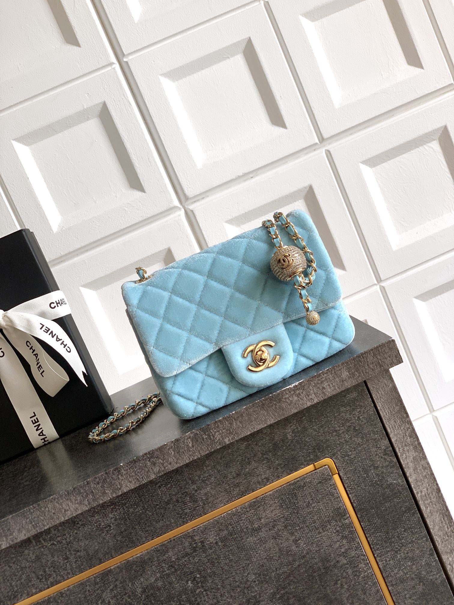 Chanel 25B Ice Blue Velvet Small Diamond Ball CF Bag - Limited Edition