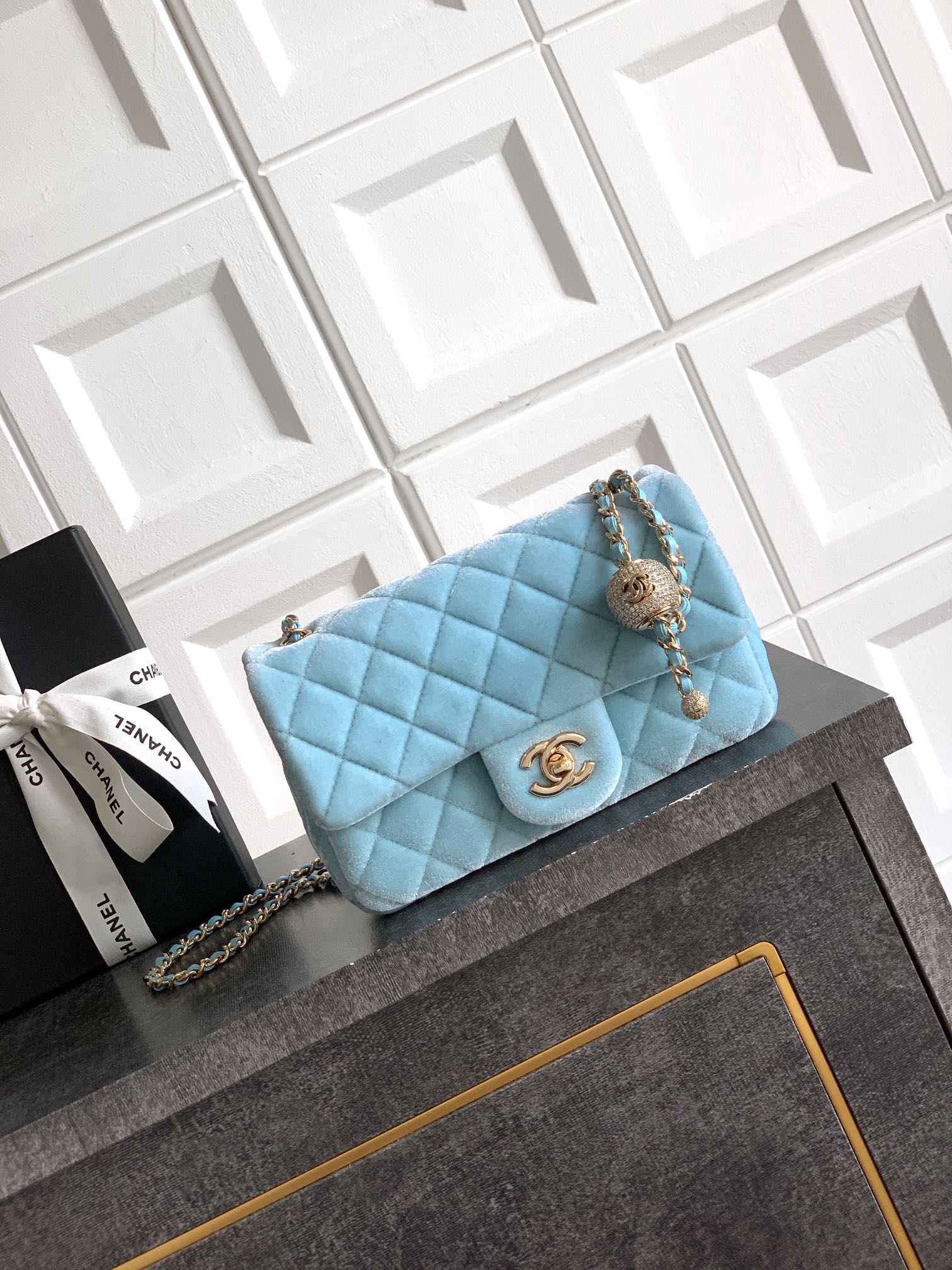 Chanel 25B Ice Blue Velvet Small Diamond Ball CF Bag