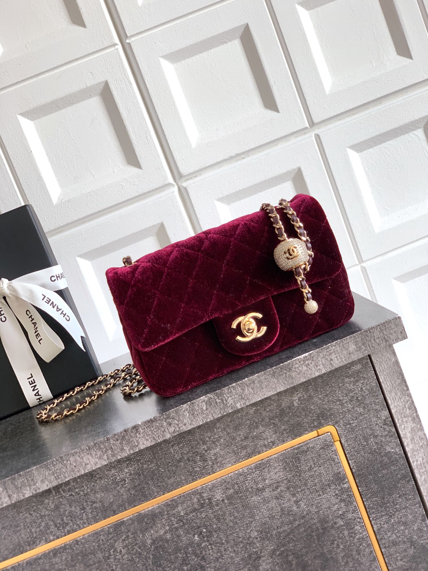 Chanel 25B Burgundy Velvet Small Diamond Ball CF, 20cm
