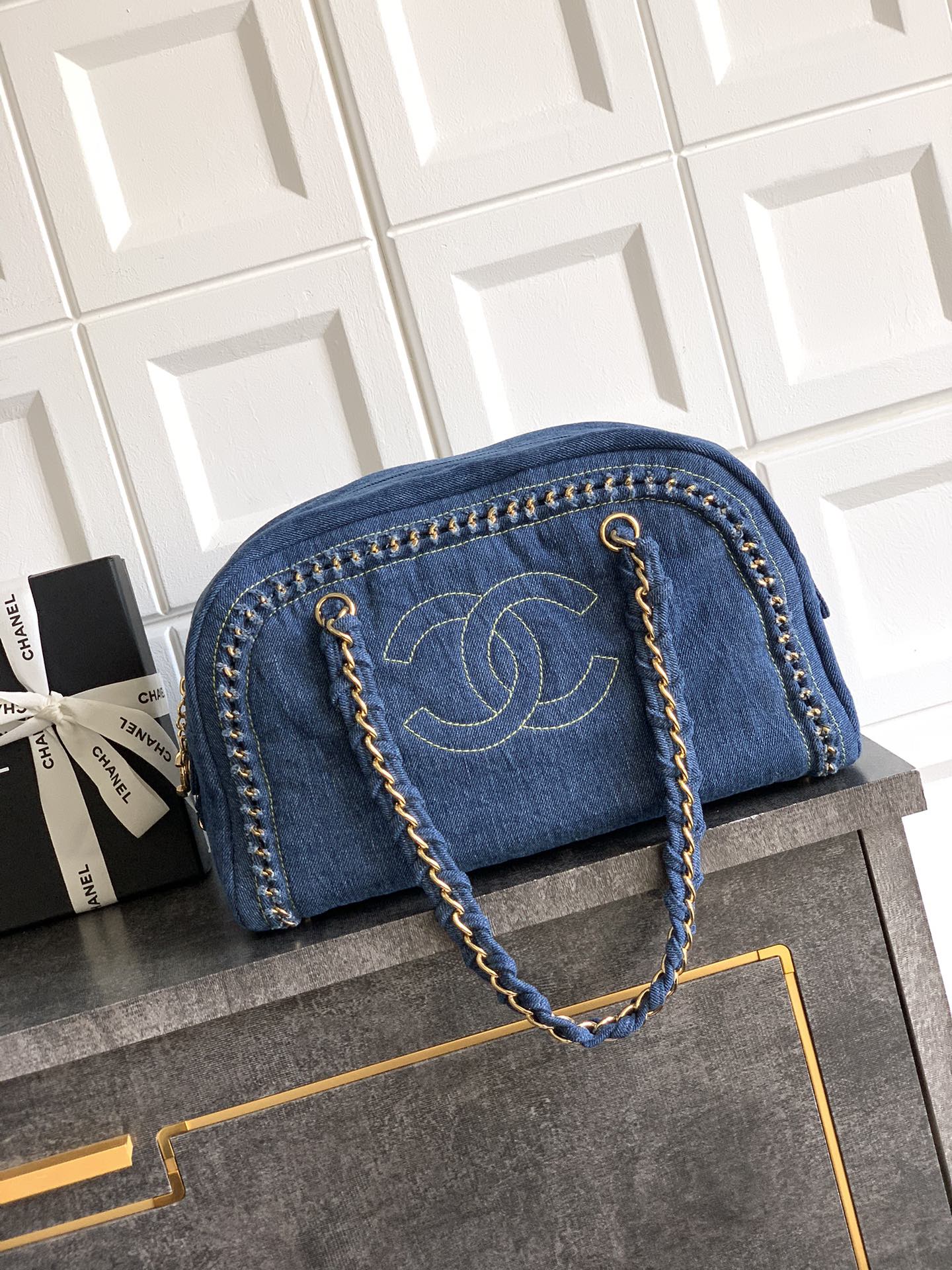 Chanel Denim Bowling Bag, Classic Design with Iconic CC Logo, 33x20.5x15cm