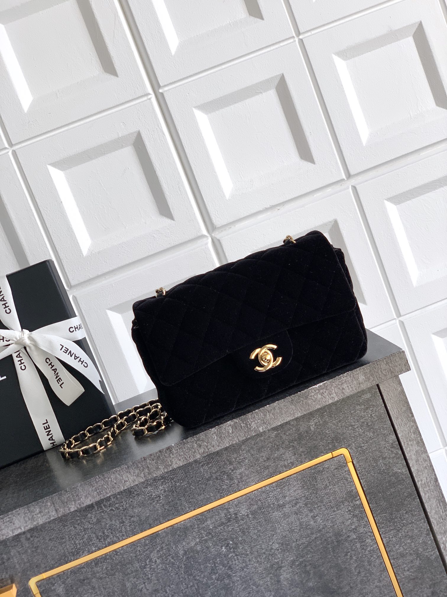 Chanel Velvet Mini Flap Bag, Black Quilted Design, Gold Chain & Hardware