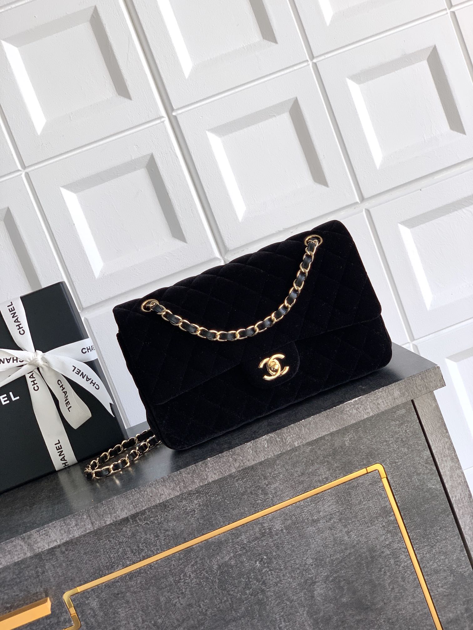 Chanel 2.55 Velvet Flap Bag, Black, Gold Hardware, Shoulder Bag